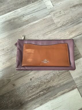 Coach Two-Tone Leather Clutch in Lavender and Tan